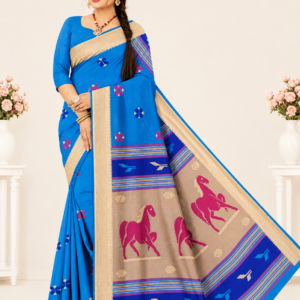 Premium Sky Blue Dual Tone Silk Saree with Golden Border & Designer Horse Pallu