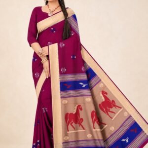 Premium Magenta Dual Tone Silk Saree with Golden Border & Designer Horse Pallu