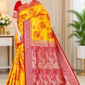 Premium Yellow & Red Silk Saree with Floral Design and Rich Designer Pallu